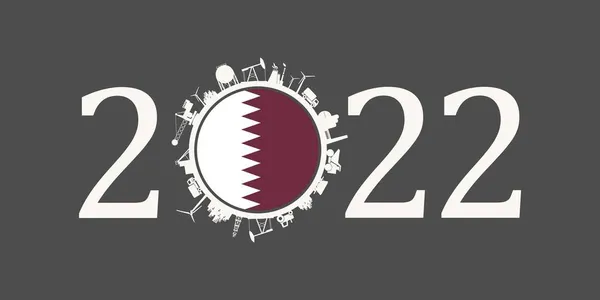 Numero 2022 anni con icone industriali a circa zero cifre. Bandiera del Qatar. — Vettoriale Stock