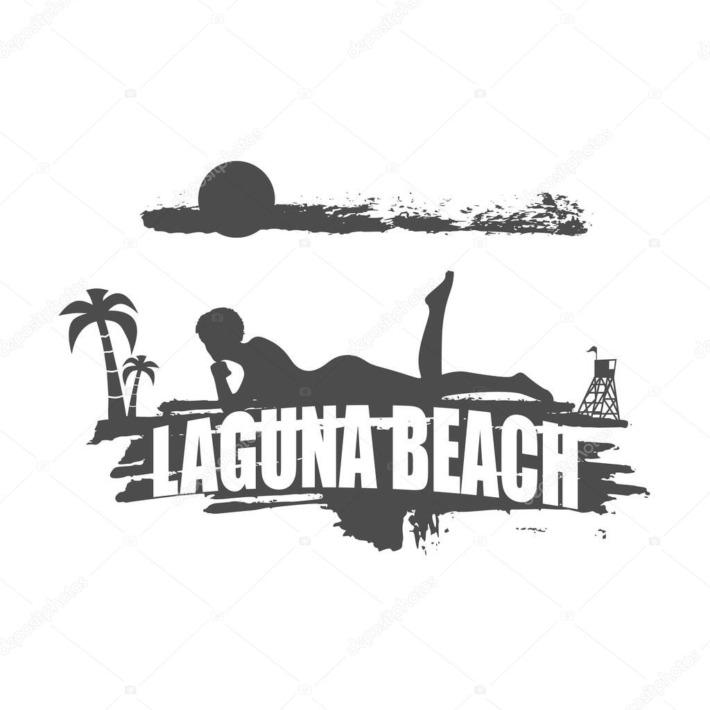 Young woman sunbathing on a beach. Palm and lifeguard tower and Laguna Beach text