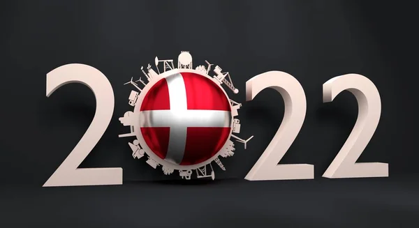 2022-річна кількість з промисловими іконами близько нульової цифри. Прапор Данії. — стокове фото