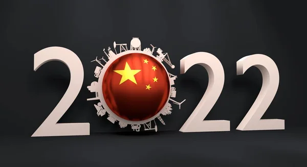 2022 rok číslo s průmyslovými ikonami kolem 0 číslic. Čínská vlajka. — Stock fotografie