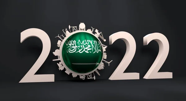 2022 année numéro avec des icônes industrielles autour de zéro chiffre. Drapeau de l'Arabie Saoudite. — Photo