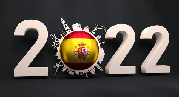 Circle with cargo port and travel relative silhouettes and flag of Spain. 2022 year number — Stock Photo, Image