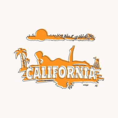 Genç bir kadın kumsalda güneşleniyor. Avuç içi ve cankurtaran kulesi ve Kaliforniya metni