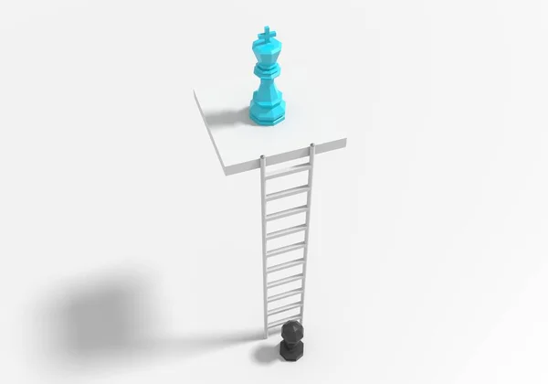 Låg poly bonde och kung av schack på framgångens stege — Stockfoto
