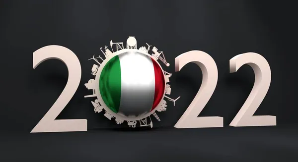 2022 ano número com ícones industriais em torno de zero dígito. Bandeira da Itália. — Fotografia de Stock