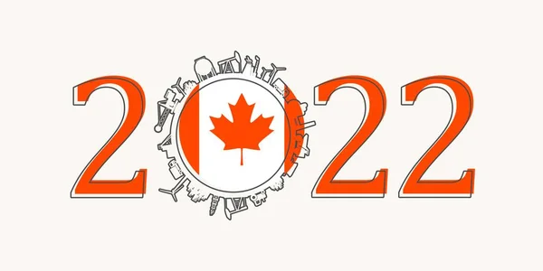2022 año número con iconos industriales alrededor de cero dígitos. Bandera de Canada. — Archivo Imágenes Vectoriales