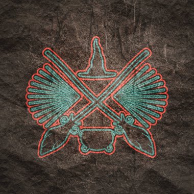 Süpürge, cadı şapkası ve kazanla Cadılar Bayramı amblemi