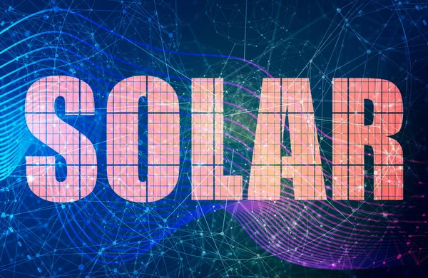 Słowo słoneczne wykonane z niebieskiego panelu słonecznego. — Zdjęcie stockowe