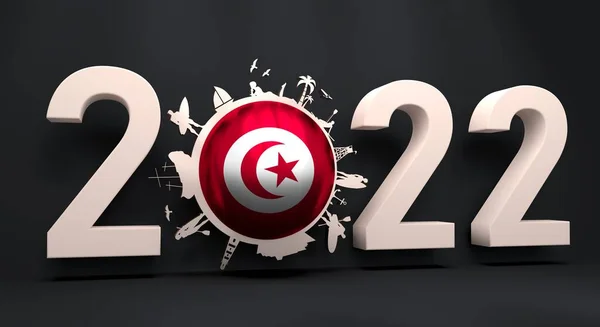 Oggetti situati intorno alla cifra intorno allo zero nel numero di anno 2022. Posa umana con tavola da surf, nave, palma e torre di salvataggio. Bandiera della Tunisia. — Foto Stock