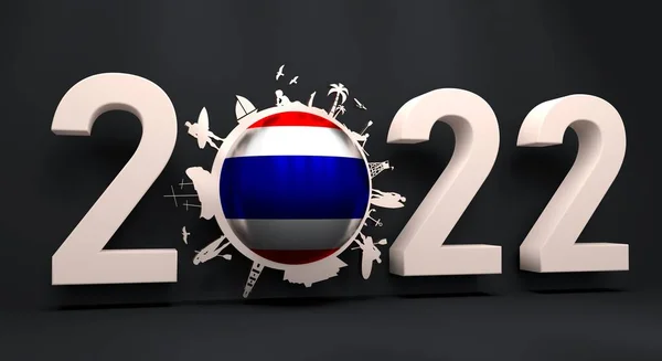 Objekte, die im Jahr 2022 um den Nullpunkt herum liegen. Mensch posiert mit Surfbrett, Schiff, Palme und Rettungsschwimmturm. Flagge Thailands. — Stockfoto