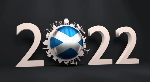 2022 jaar nummer met industriële pictogrammen rond nul cijfer. Vlag van Schotland. — Stockfoto