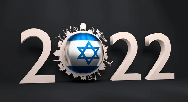 2022 år nummer med industriella ikoner runt noll siffra. Israels flagga. — Stockfoto