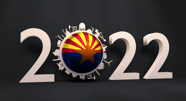 2022 año número con iconos industriales alrededor de cero dígitos. Bandera de Arizona. —  Fotos de Stock
