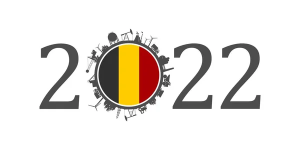 2022 año número con iconos industriales alrededor de cero dígitos. Bandera de Belgium. — Archivo Imágenes Vectoriales