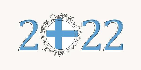 2022 year number with industrial icons around zero digit. Flag of Finland. — Stock Vector