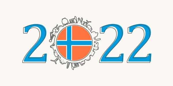 2022 έτος αριθμός με βιομηχανικά εικονίδια περίπου μηδέν ψηφίο. Σημαία Νορβηγίας. — Διανυσματικό Αρχείο