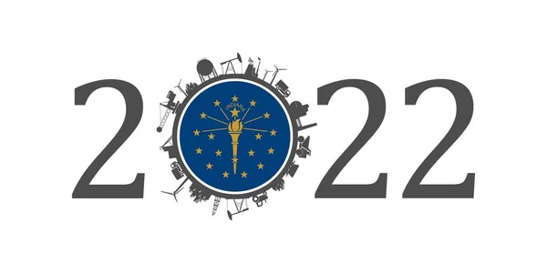 2022 año número con iconos industriales alrededor de cero dígitos. Bandera de Indiana. — Archivo Imágenes Vectoriales