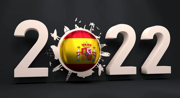 Objects located around the around zero digit in 2022 year number. Human posing with surfboard, ship, palm and lifeguard tower. Flag of Spain. — Stock Photo, Image