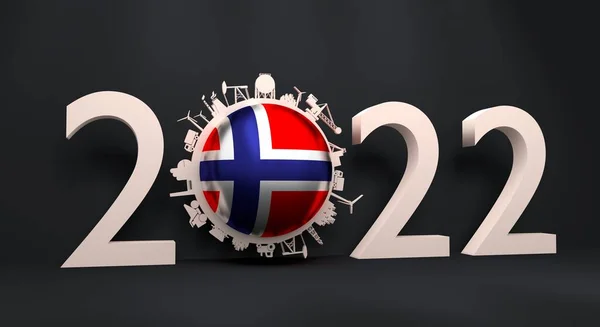 2022 year number with industrial icons around zero digit. Flag of Norway. — Stock Photo, Image