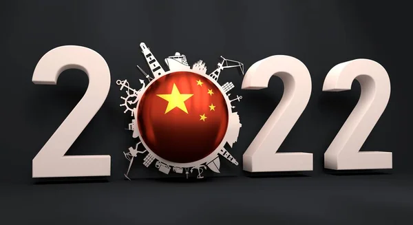 Kruh s nákladním přístavem a cestovat relativní siluety a vlajky Číny. 2022 rok — Stock fotografie