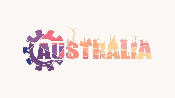 Przekładnia z ikonami energetycznymi i przemysłowymi oraz nazwą kraju Australia. — Wektor stockowy