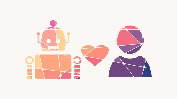 Ikona serca między robotem a ludzkimi sylwetkami — Wektor stockowy