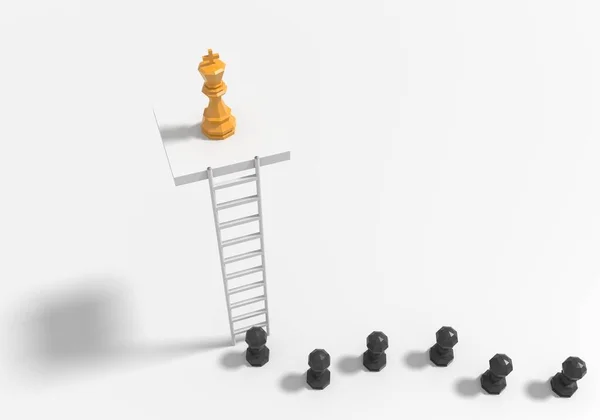 Düşük polimerli piyonlar ve başarı merdiveninde satrancın kralı — Stok fotoğraf