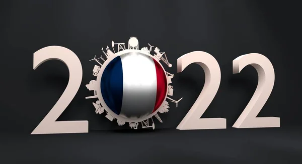 2022 año número con iconos industriales alrededor de cero dígitos. Bandera de France. —  Fotos de Stock
