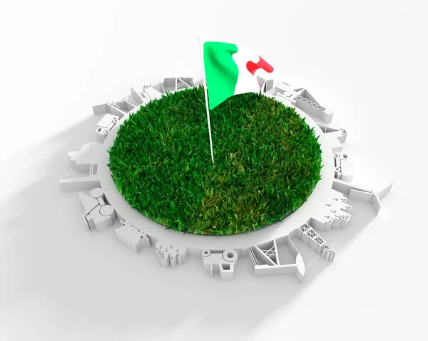 Círculo con siluetas relativas de la industria y hierba verde 3d. Bandera de Italia — Foto de Stock