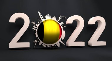 Kargo limanı ve seyahat eden göreceli siluetler ve Belçika bayrağı ile çember oluşturun. 2022 yıllık numara