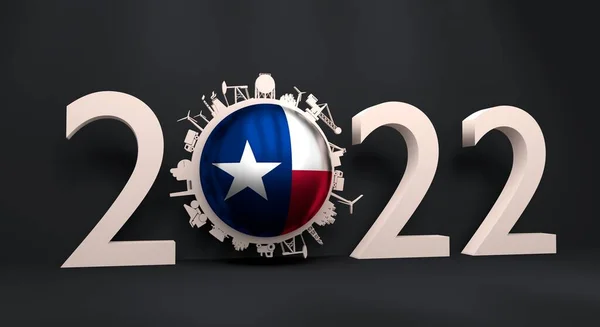 2022 jaar nummer met industriële pictogrammen rond nul cijfer. Vlag van Texas. — Stockfoto
