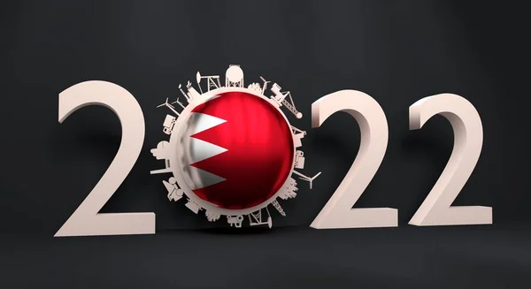 2022 año número con iconos industriales alrededor de cero dígitos. Bandera de Bahrain. —  Fotos de Stock
