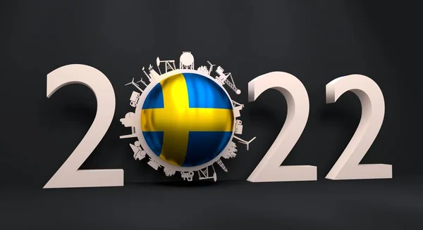 2022 year number with industrial icons around zero digit. Flag of Sweden. — Stock Photo, Image