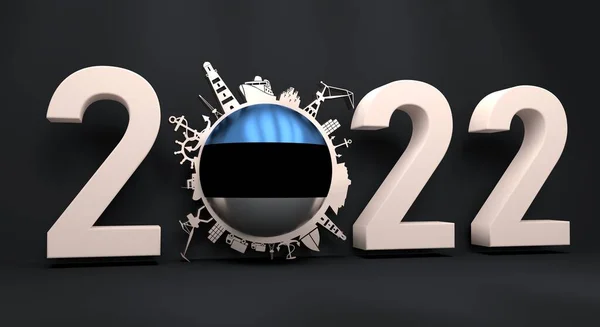 Cirkel met vrachthaven en reizen relatieve silhouetten en vlag van Estland. 2022-jaarnummer — Stockfoto