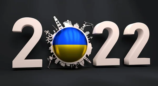 Circle with cargo port and travel relative silhouettes and flag of Ukraine. 2022 year number — Stock Photo, Image