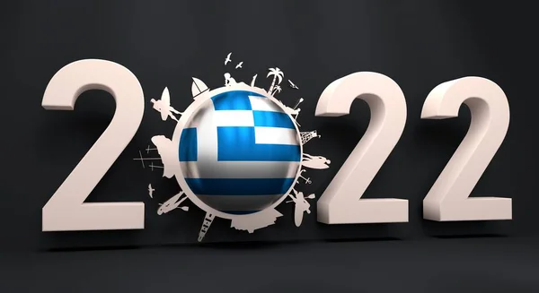 Objetos ubicados alrededor del dígito cero en el año 2022. Posando con tabla de surf, barco, palma y torre salvavidas. Bandera de Grecia. —  Fotos de Stock