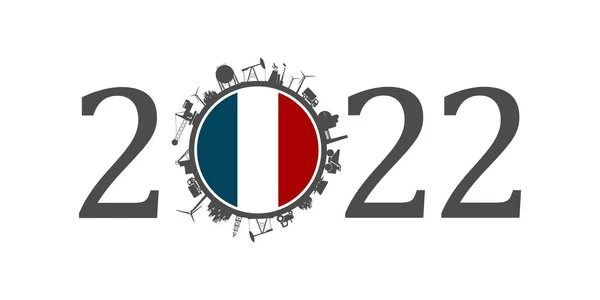 2022 año número con iconos industriales alrededor de cero dígitos. Bandera de France. — Archivo Imágenes Vectoriales