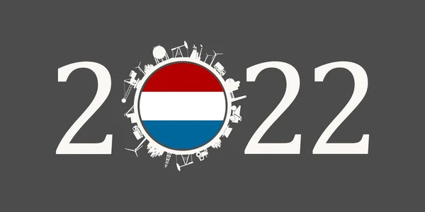 2022 Jahreszahl mit industriellen Ikonen um den Nullpunkt. Flagge der Niederlande. — Stockvektor