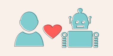 Robot ve insan siluetleri arasındaki kalp simgesi