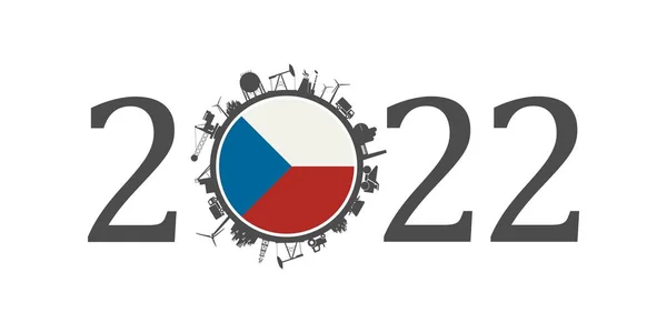 2022 year number with industrial icons around zero digit. Flag of Czech Republic. —  Vetores de Stock