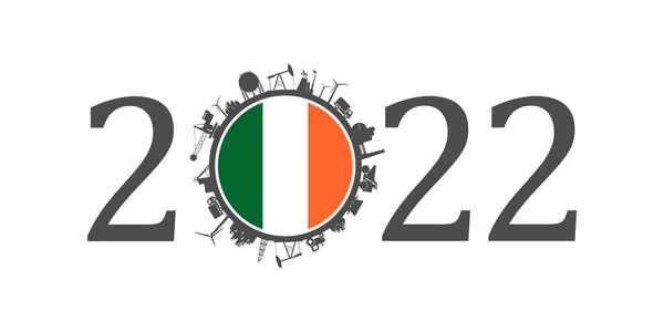 2022 año número con iconos industriales alrededor de cero dígitos. Bandera de Irlanda. — Archivo Imágenes Vectoriales