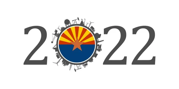 2022 año número con iconos industriales alrededor de cero dígitos. Bandera de Arizona. — Archivo Imágenes Vectoriales