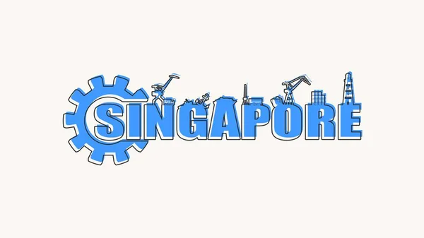 Gear with sea shipping relative silhouettes. Calligraphy inscription. Singapore city name text —  Vetores de Stock