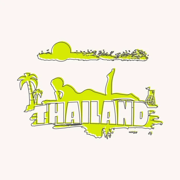 Jonge vrouw zonnebaden op een strand. Palm en badmeester toren en Thailand tekst — Stockvector