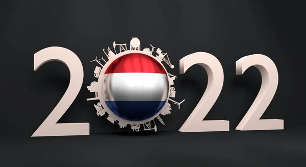 2022 Jahreszahl mit industriellen Ikonen um den Nullpunkt. Flagge der Niederlande. — Stockfoto