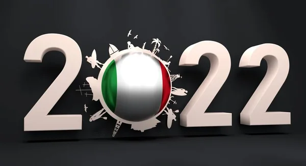 Obiekty zlokalizowane wokół zerowej cyfry w 2022 roku. Ludzkie pozowanie z deską surfingową, statkiem, palmą i wieżą ratowniczą. Flaga Włoch. — Zdjęcie stockowe