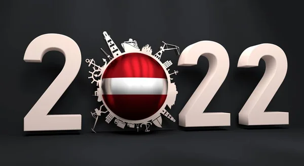Cirkel met vrachthaven en reizen relatieve silhouetten en vlag van Letland. 2022-jaarnummer — Stockfoto