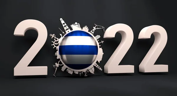 Cirkel met vrachthaven en reis relatieve silhouetten en vlag van Duinkerken. 2022-jaarnummer — Stockfoto