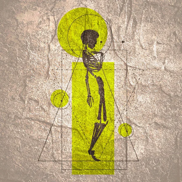 Mystieke vintage gotische geometrie dunne lijnen symbool met silhouet van een menselijk skelet — Stockfoto