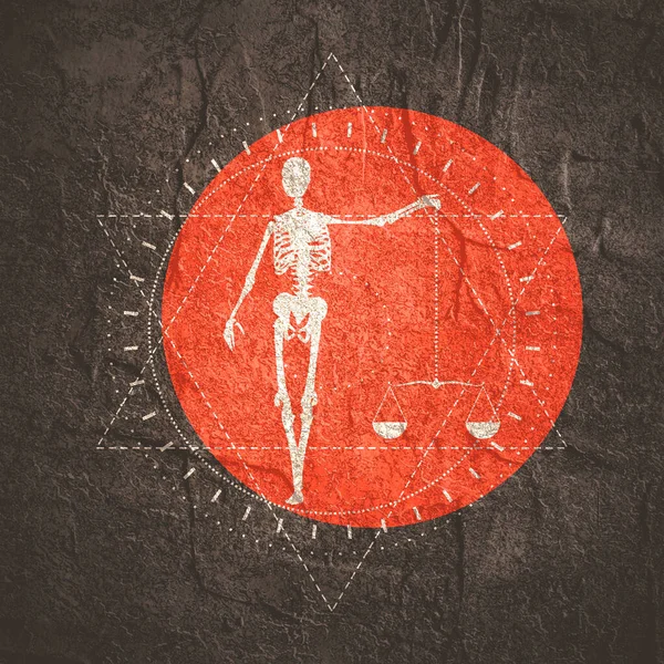 Mystische Vintage gotische Geometrie dünne Linien Symbol mit Silhouette eines menschlichen Skeletts und Schuppen — Stockfoto